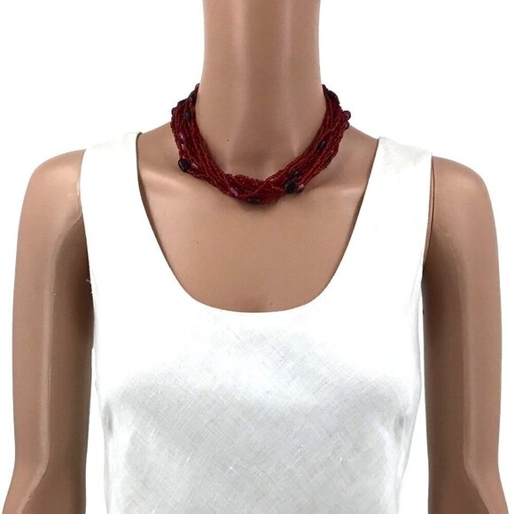 Torsade Necklace Red Beaded Casual Career Adjustable Length - Picture 4 of 4